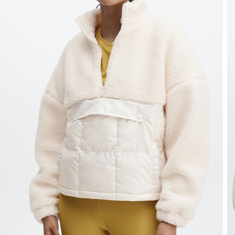 Fabletics Nelly Mixed Media 1/2 zip puffer sherpa jacket white cream ivory 1X